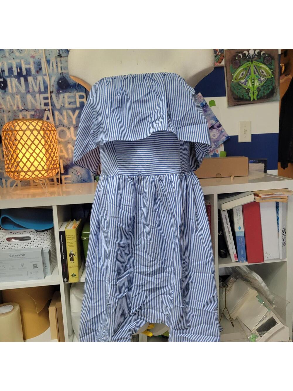 Vernacular Blue and white striped off shoulder dress M Sundress
